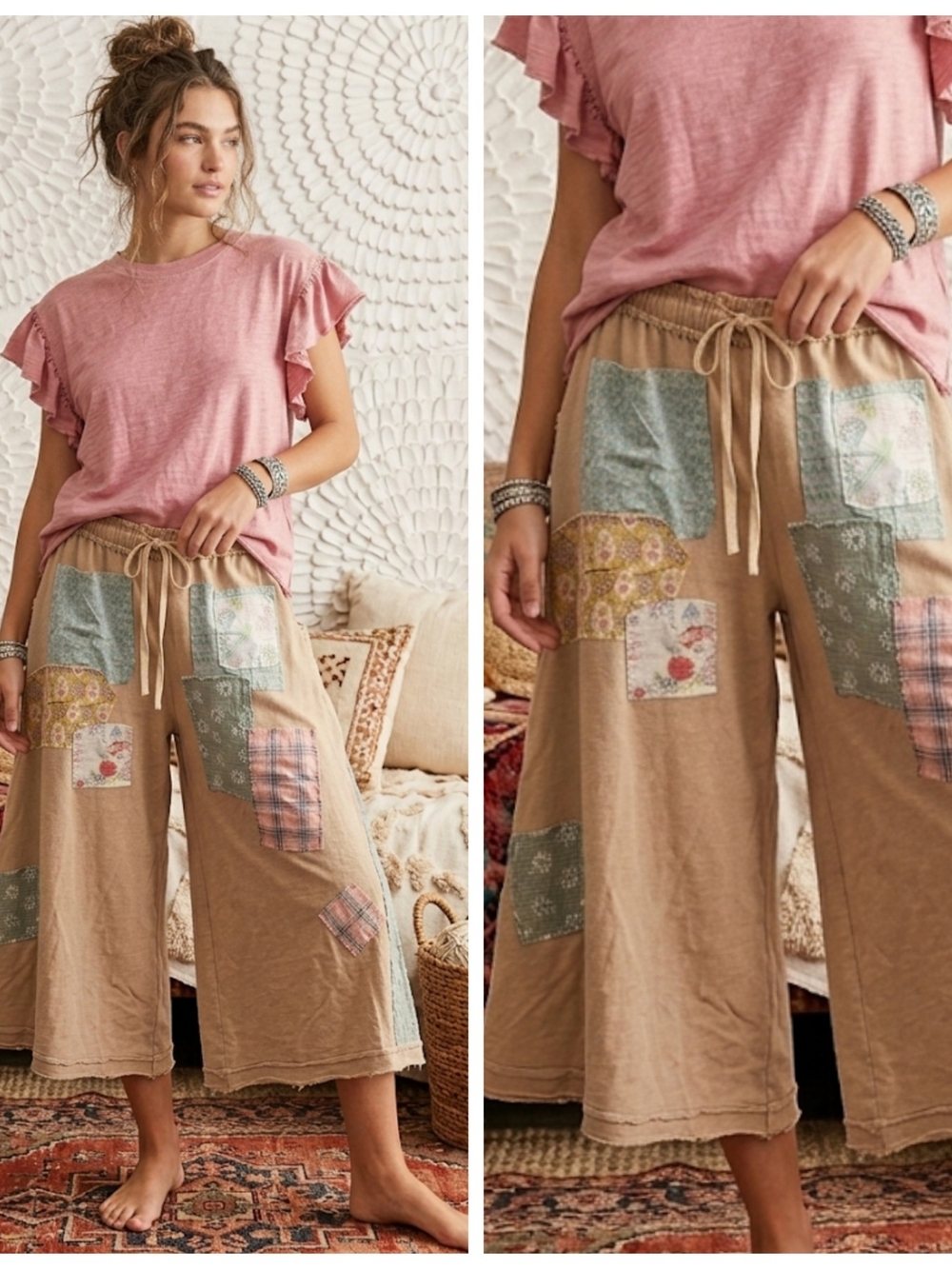 Relaxed Patchwork Distressed Wide-Leg Pants - Tan